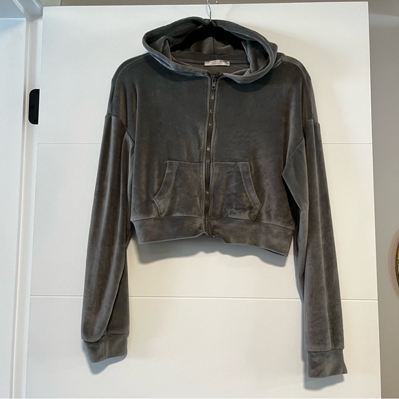 Rose & Vine | Velvet Crop Zip Up Hoodie - Picture 1 of 14